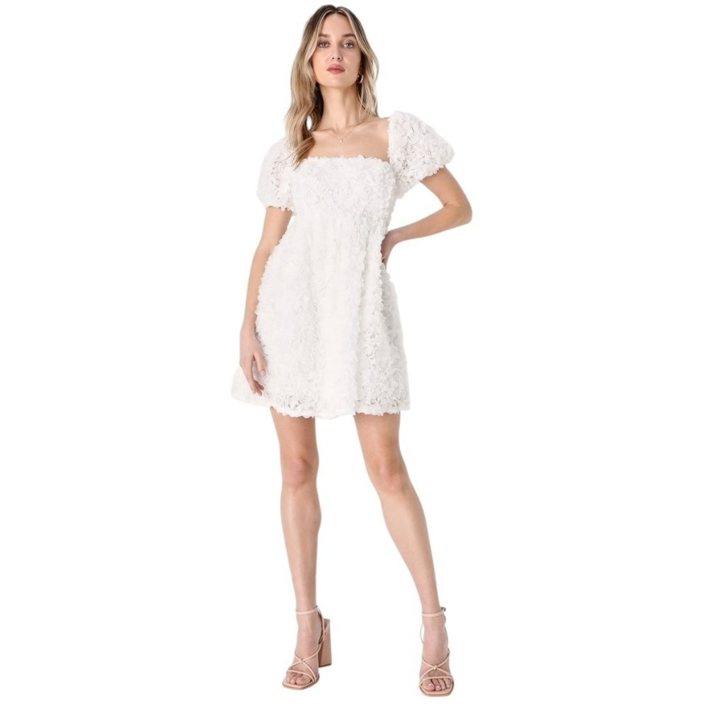 LULUS Precious Passion White Floral Puff Sleeve Babydoll Dress sz L Wedding Mini - Picture 2 of 9